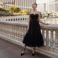 2022 black off the shoulder a line tea length sleeveless evening party dresses prom gown with mesh sweetheart vestidos de fiesta
