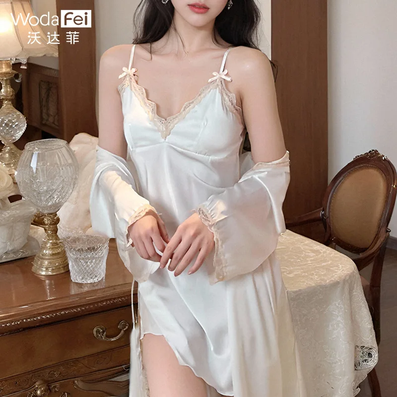 Весенне-летняя шелковая атласная ночная рубашка сексуальная кружевная на