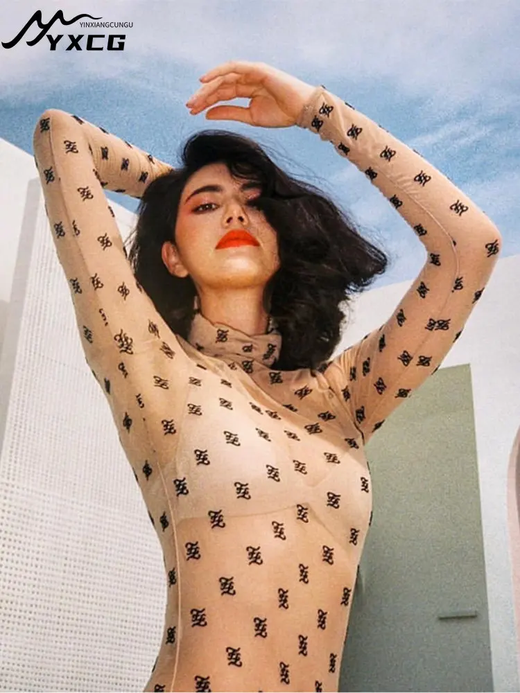 

Skinny Turtleneck Women See Through Brand Mesh Bodysuits Sexy Spring Long Sleeve Tops Transparent Fishnet Tee Shirts Camiseta