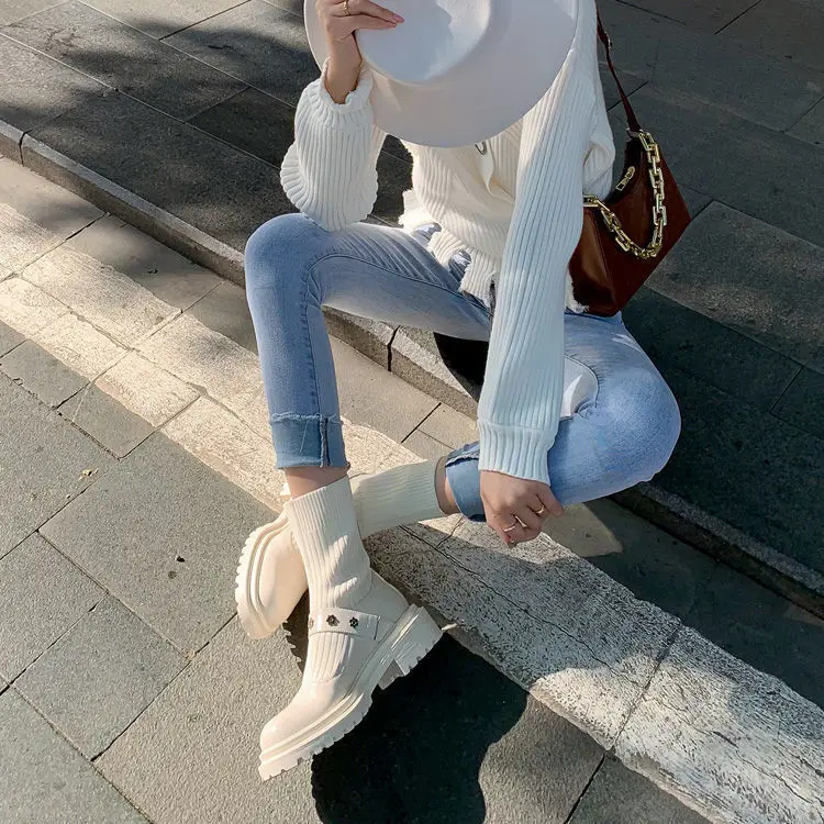 2021 Autumn Knit Elastic Cloth Patchwork Sock Ankle Boots Women Fashion Leather Crystal Buckle Short Boots Female Low Heel Shoes