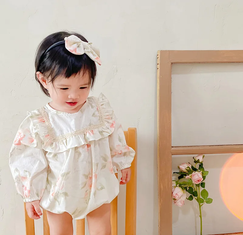 RiniKinda 2022 Autumn Toddler Baby Girls Rompers Girls Floral Full Sleeve Bodysuits Dress Newborn Baby Girl Clothes Outfits