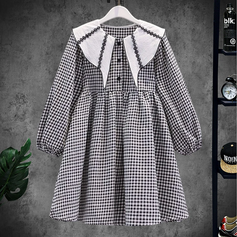Детское клетчатое платье с длинным рукавом на возраст 6-12 лет