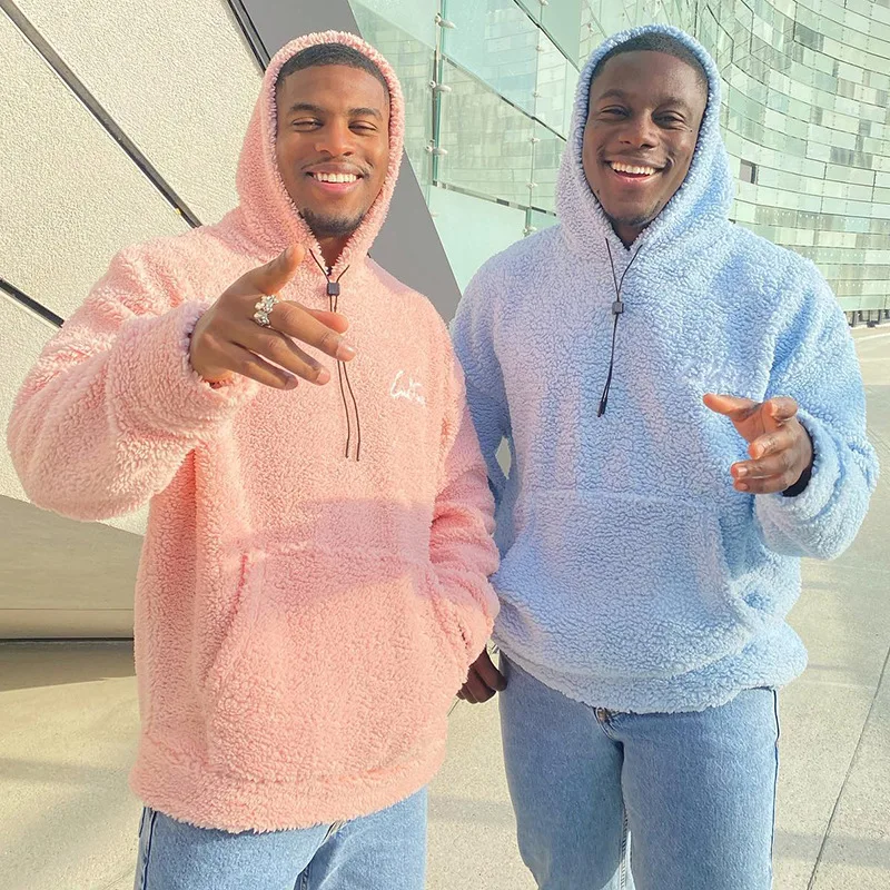 

Mens Soft Warm Woolen Sweatshirts Hoodie Casual Solid Long Sleeve Autumn Winter Jumper Fashion Male Hooded Lace-up Pullover Tops