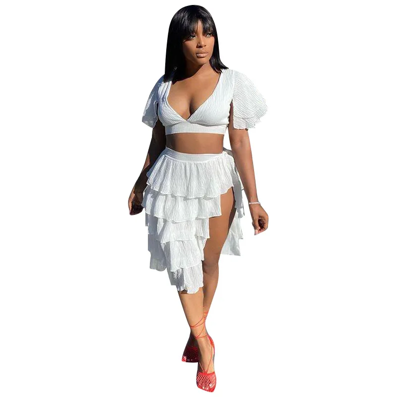 

Summer 2022 Women Sexy Slim Two Piece Set Puff Sleeve Split White Black Crop Tops And Midi Skirt Suit Lady Elegant 2 Piece Set