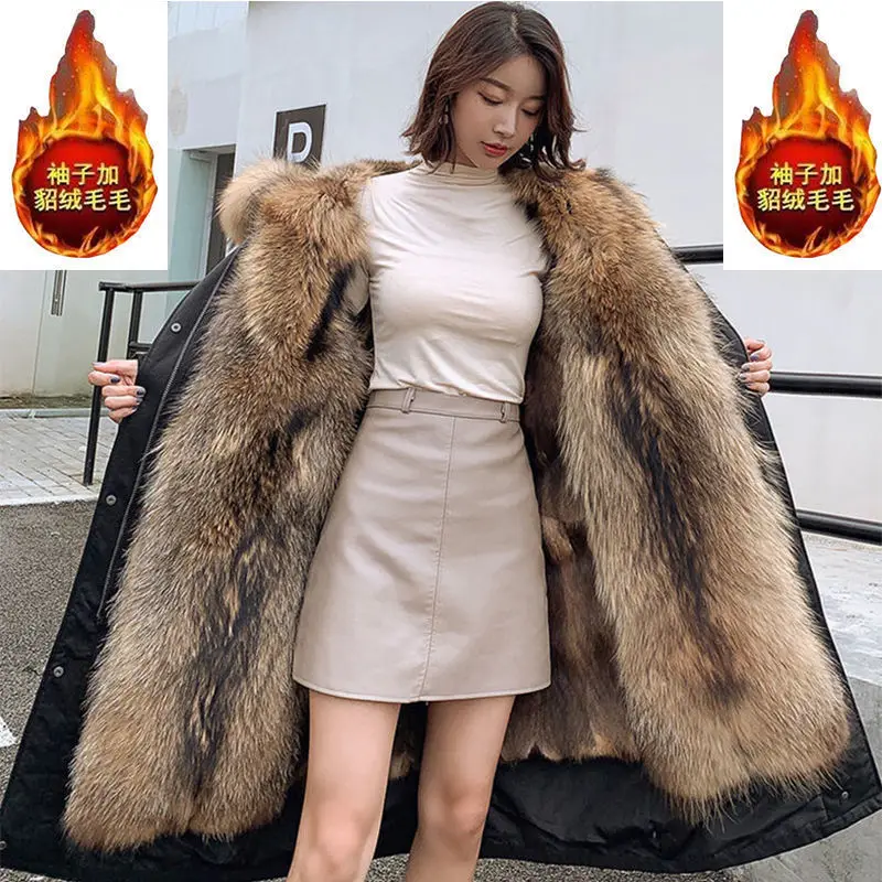 New Winter Ladies Casual Fashion Cotton Clothing Long Women's Disassembled Raccoon Fur Thick Big Size Coat