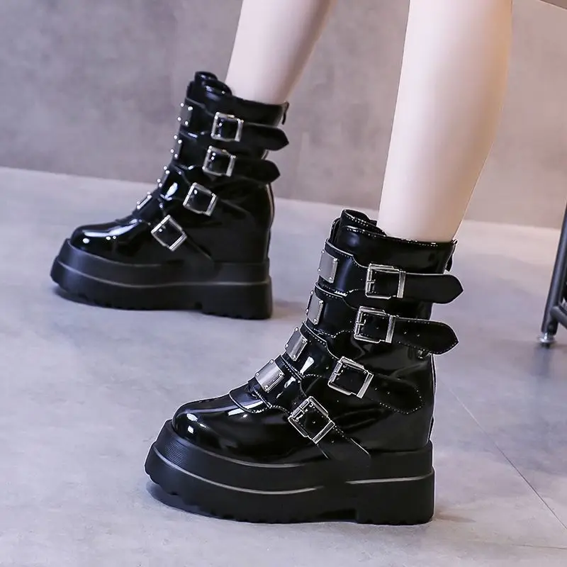 

Women Punk Gothic Motorcycle Boots Platform Chunky High Heel Ankle Boot Ladies Cool Wedge Woman Black Female Shoes