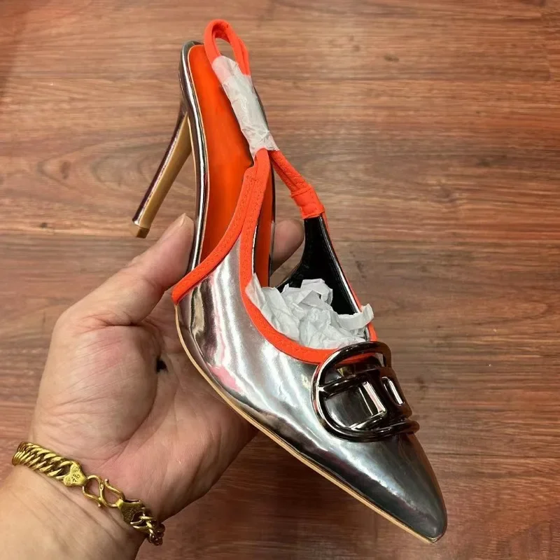 

Women High Heels Shoes Fashion Metal Buckle Pointed Shallow Mouth Luxury Brand Sexy Stiletto Slingbacks Ladies Wedding Pumps