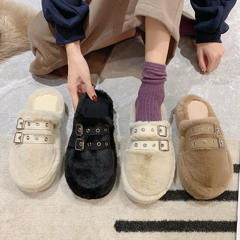

Cover Toe Shoes Flock House Slippers Platform Fur Flip Flops Slides Fashion Slipers Women Med Plush Flat Luxury 2022 Rubber wit