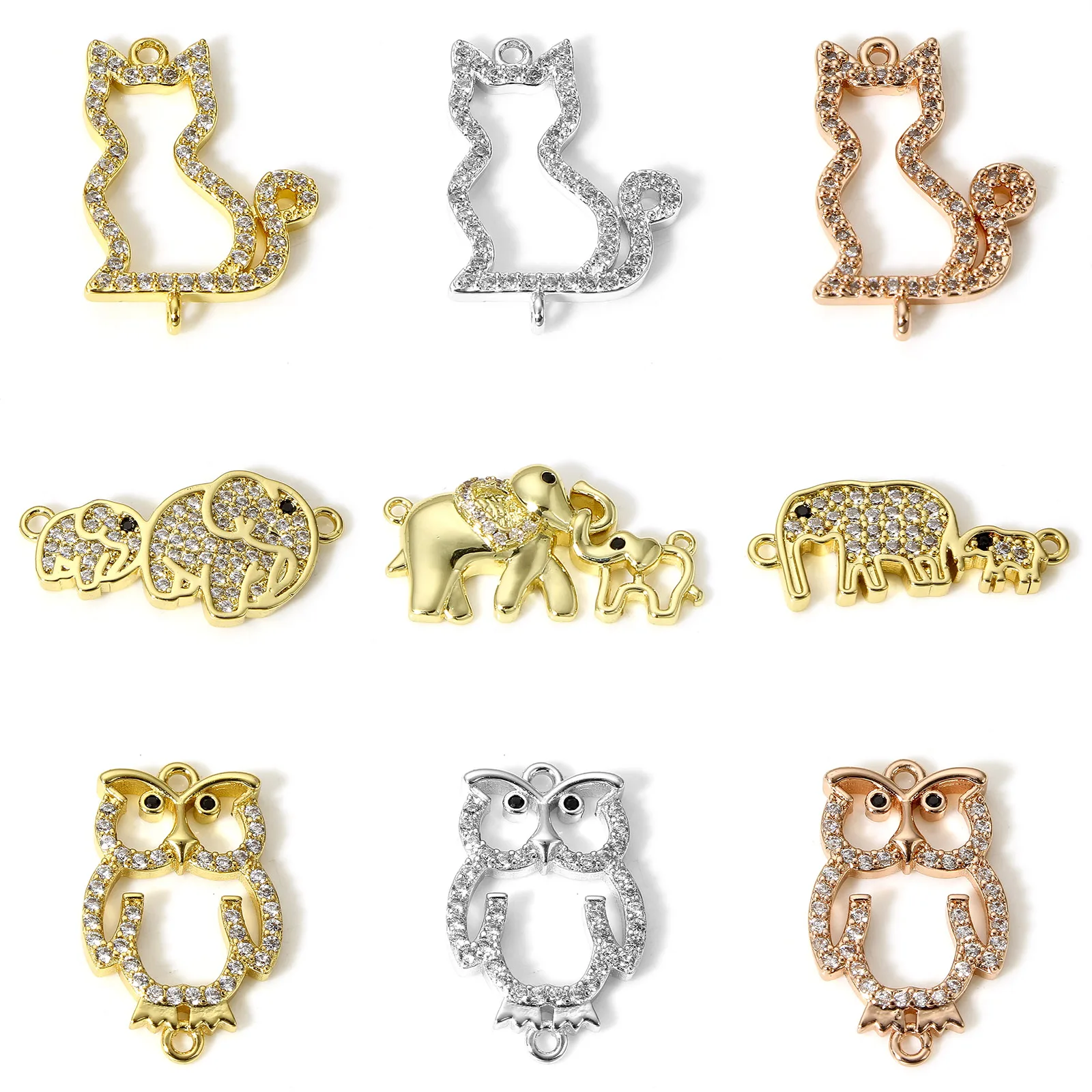 

1pc Copper Connectors Animal Cat Elephant Owl Charms Gold Color Micro Pave Charms DIY Necklace Earrings Women Jewelry Findings