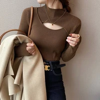 half turtleneck hollow sweater lady pullover long sleeve autumn winter all match slim tight stretch knit base shirt 2022 arrival