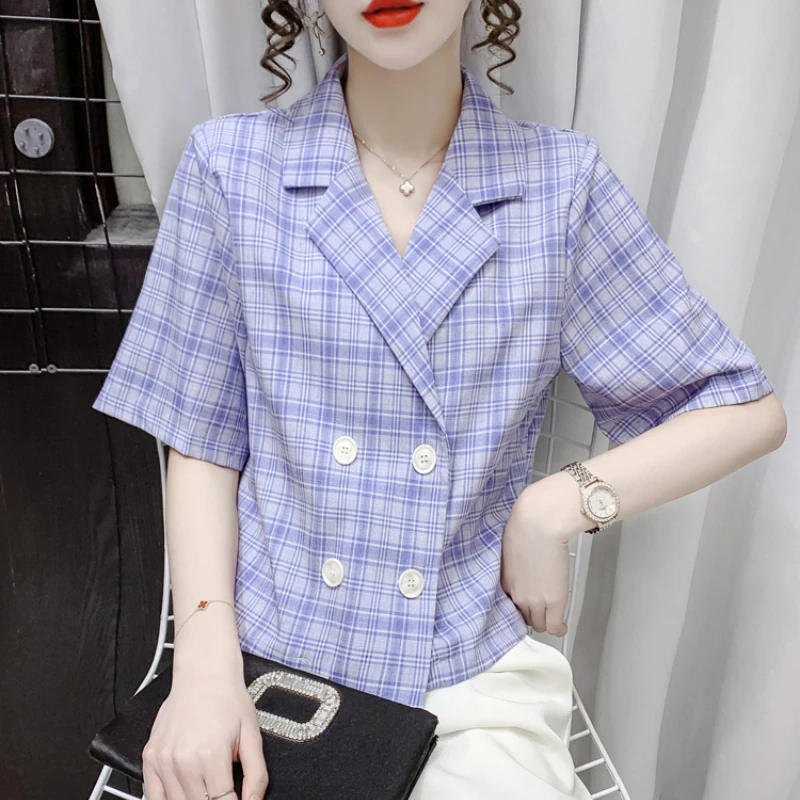 Blazers Women Plaid Thin Summer Crop Design Kawaii Harajuku Retro French Style Elegant Sweet Double Breasted Youth Preppy Chic