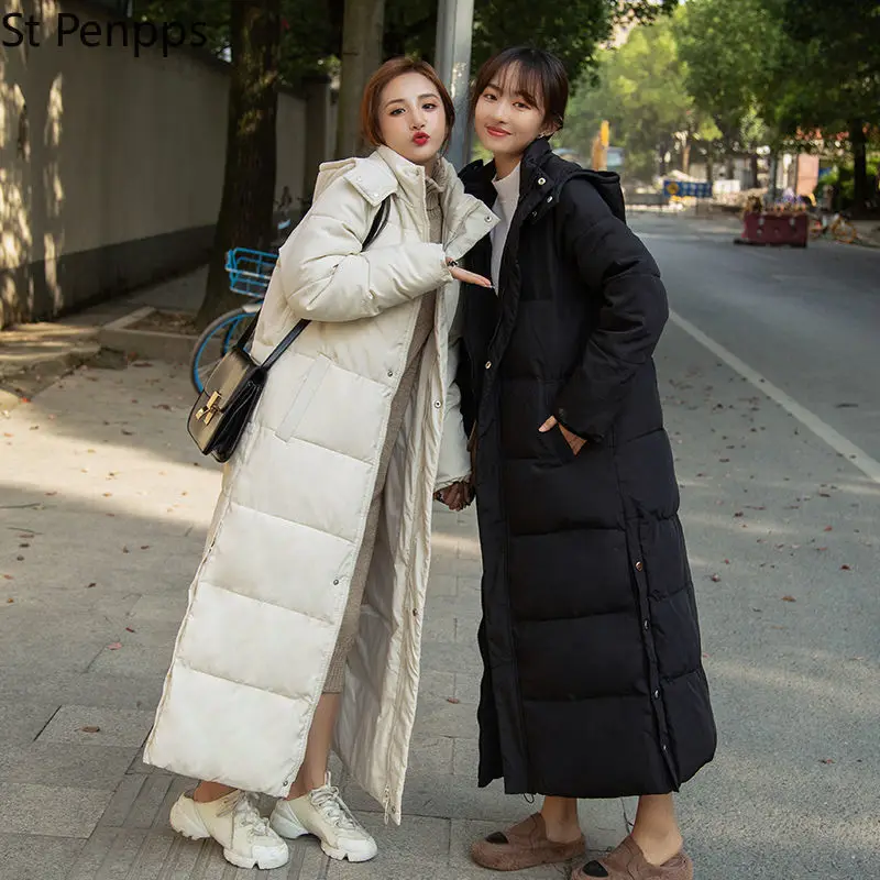 Новинка 2022 длинное зимнее пуховое пальто с капюшоном из хлопка женские