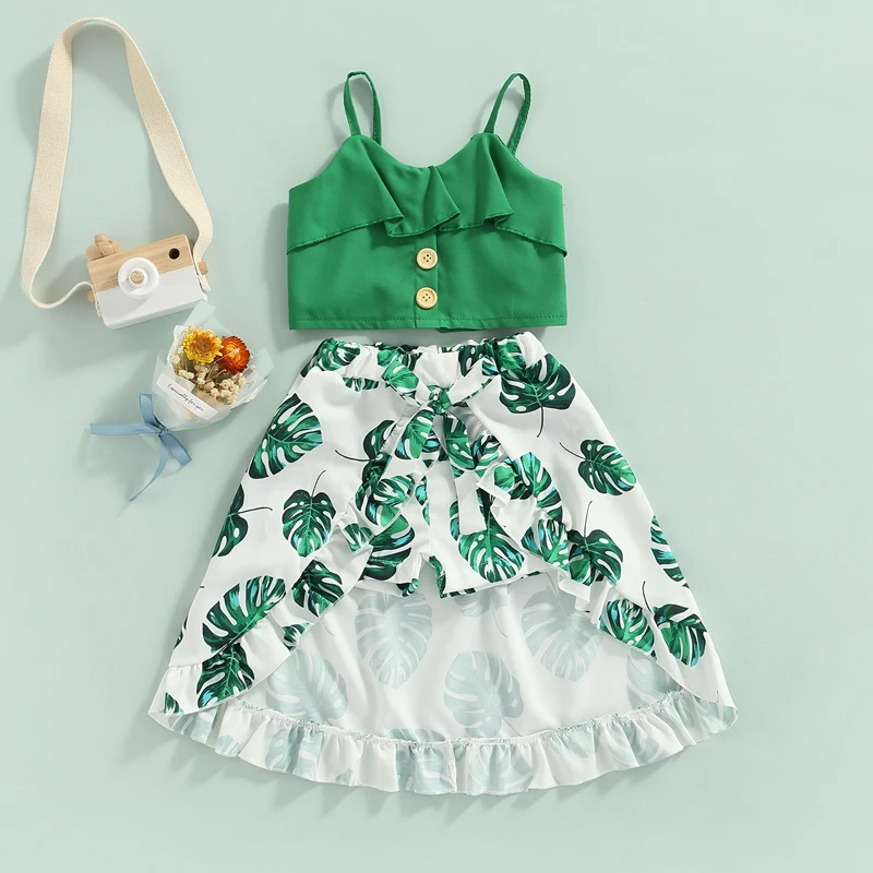 

Женский летний комплект одежды для девочек, комплект из 2 предметов, жилет без рукавов с оборками и шорты с цветочным принтом и юбка