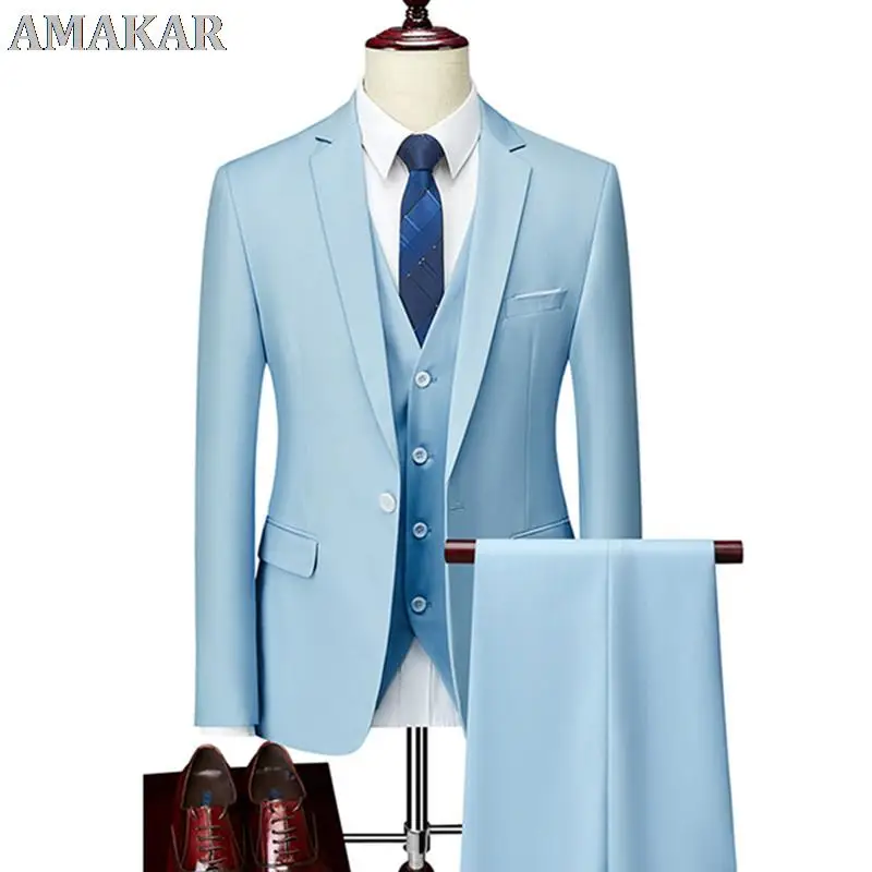 Men Slim Business Casual Suits Dress Three-piece Set Jacket Pants Vest / Male Wedding Groom Blazer Coat Trousers Waistcoat