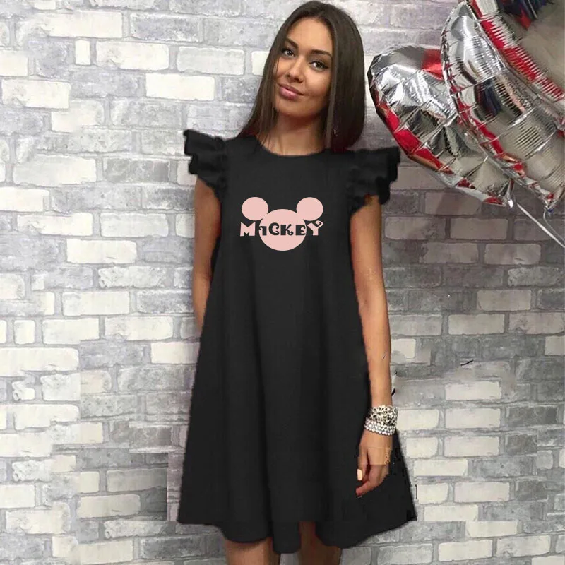 

Kawaii Summer Dresses Petal Sleeve Drape Folds Minnie Mouse Cartoon Print Robe Femme Casual Loose Party Elegant Vestidos Dress