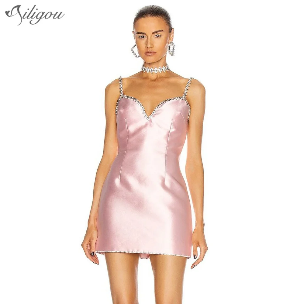 

Высококачественное блестящее платье Ailigou со стразами, женское пикантное мини-платье на бретелях-спагетти с V-образным вырезом для вечевечер...