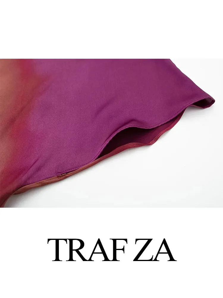 TRAFZA Women's Fashion Print Short Sleeve Dress Vintage Tie Dye O-Neck Midi Dresses Spring Female Casual Chic Satin Dress