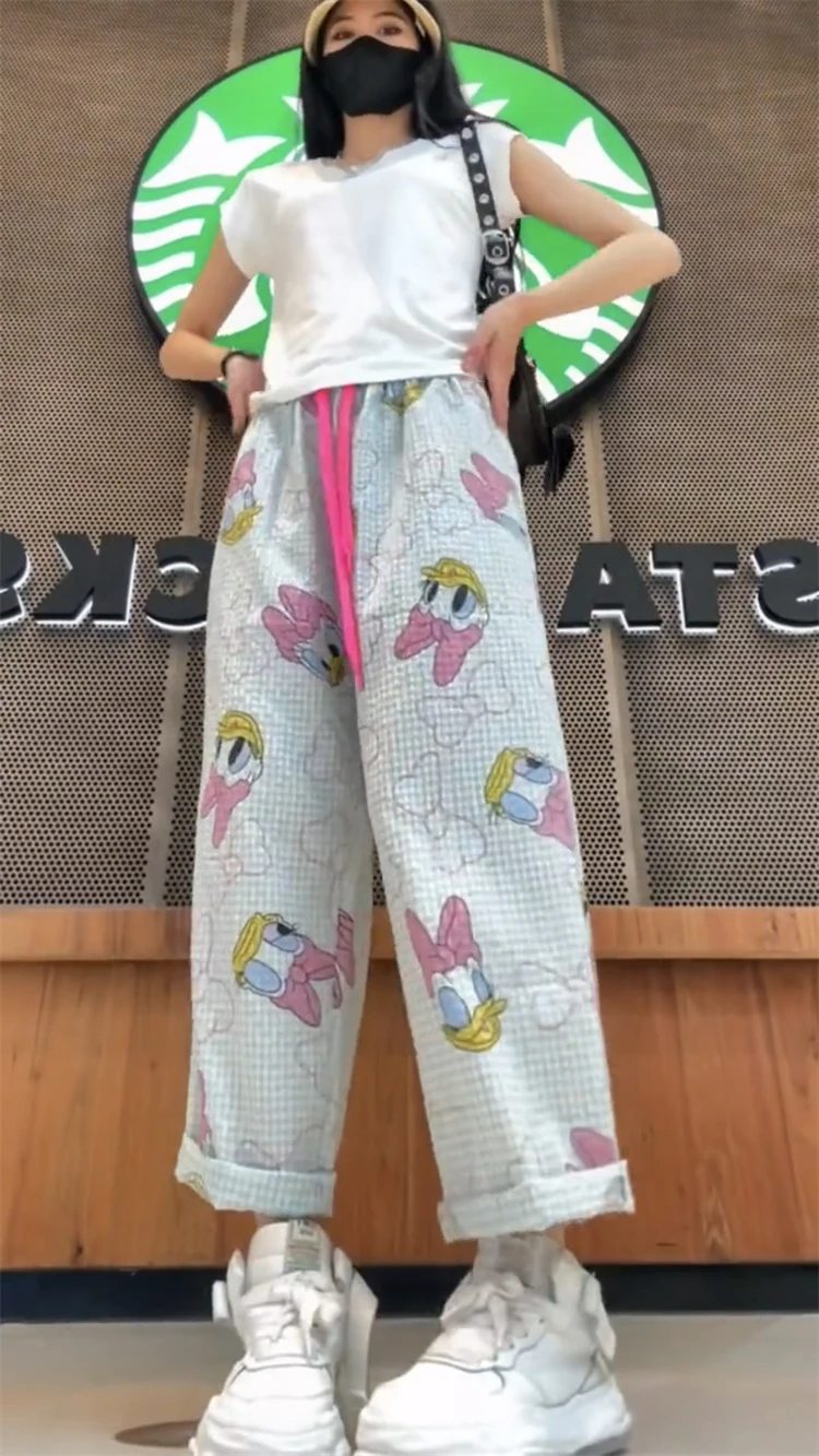 Korean Style Plaid Cute Cartoon Floral Print Casual Jumpsuit Women's Clothing Summer Thin Small Straight Cropped Pants Trousers