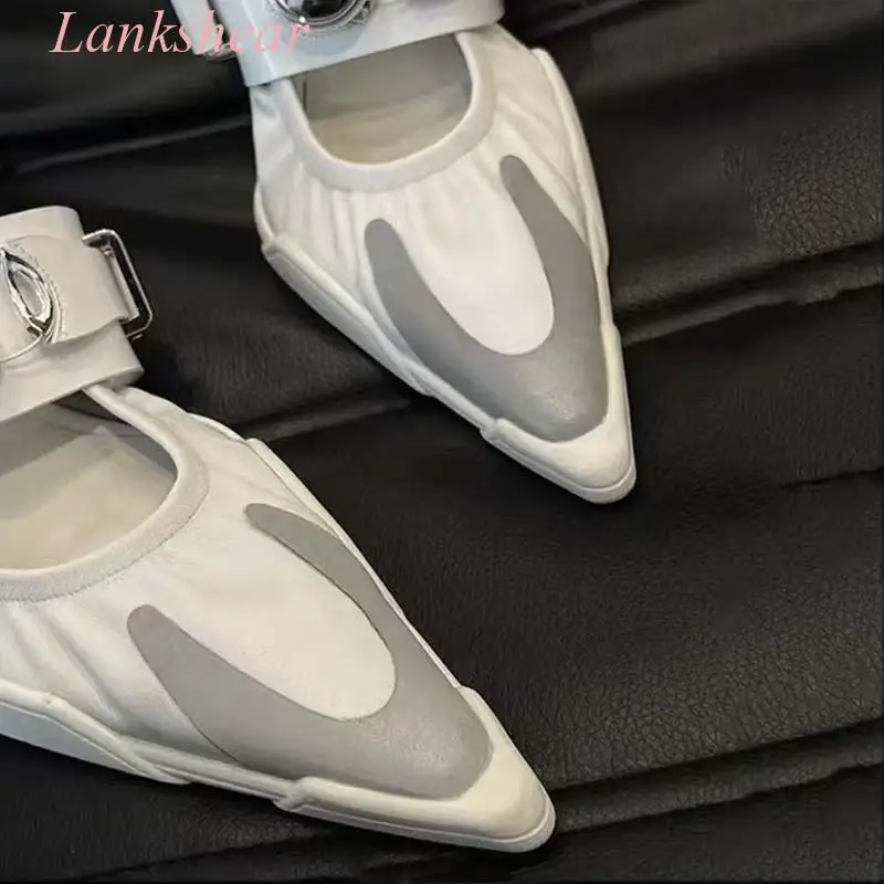 Женские Новые Белые балетки 2024 туфли Muller с острым носком и одной пряжкой на