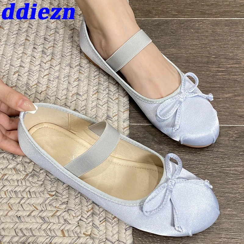 

Балетки женские дизайнерские, шелковые туфли на плоской подошве, с круглым носком, с бантом-бабочкой, лето 2023