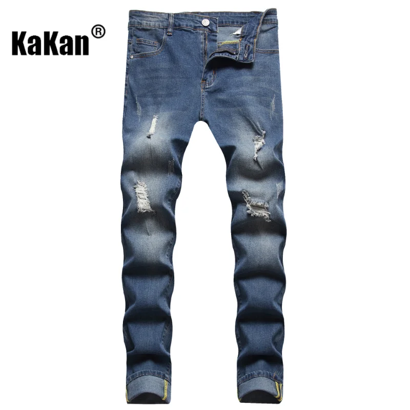 Kakan - New European and American Ripped Straight Leg Jeans for Men, Casual Mid Rise Youth Straight Leg Long Jeans K44-5016