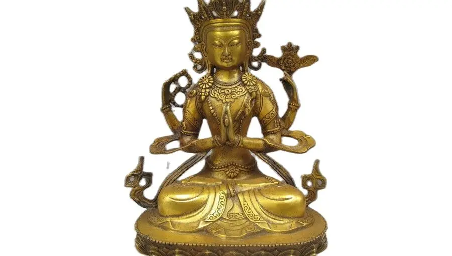 

30CM 12" Tibet Tibetan Bronze Gilt Four Arm Chenrezig Kwan-Yin Bodhisattva Statue