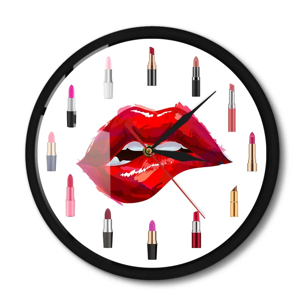 Girly Things Pretty Lipstick Funky Metal Frame Round Clock Silent Wall Watch Fashion Art For Beauty Salon Makeup Artist Gift