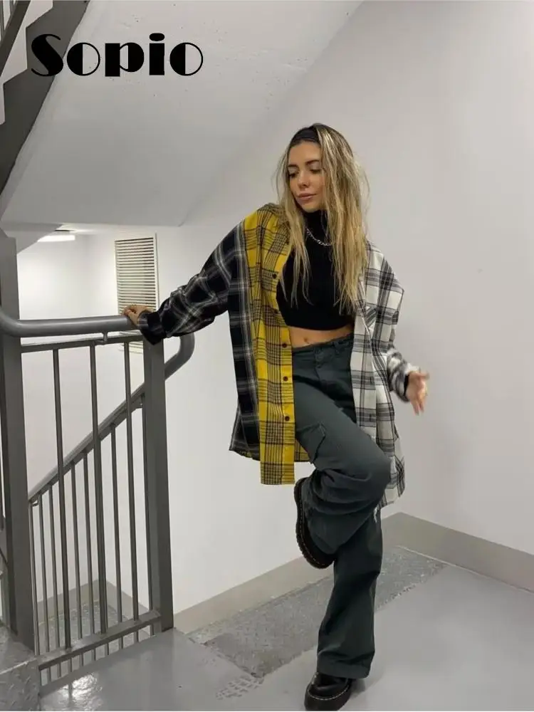 

Vintage Plaid Shirt For Women Fashion Patchwork Single Breasted Pockets Shirt 2023 Autumn Long Sleeve Oversized Lady Streetwear