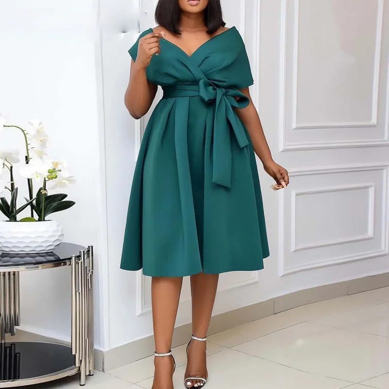 

Women Solid Elegant Evening Party Dress Formal Classy Party Gowns Dress Short-sleeved Off-the-shoulder Evening Gown