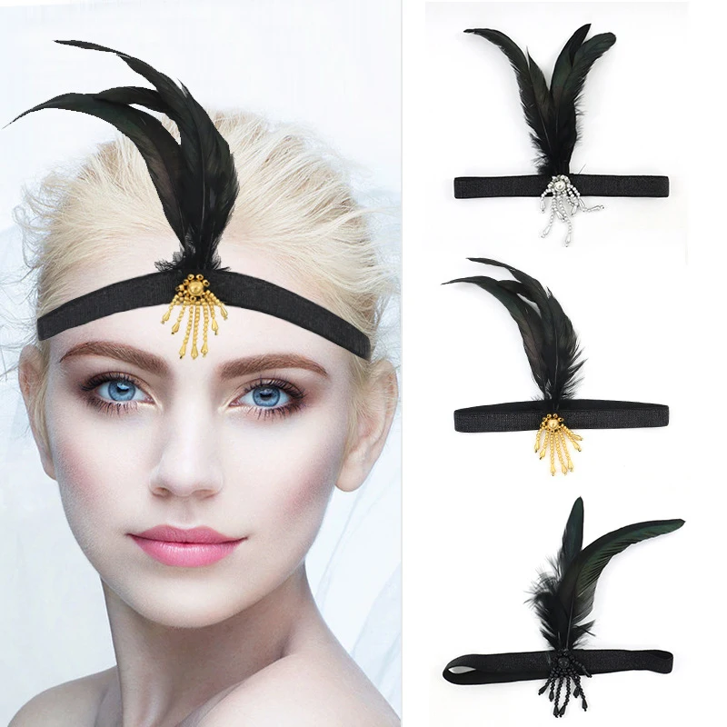 

Costume Accessories Headband Red Black Feather Pearl Headband Retro Party Props Dress Fashion Women Girls Hair Accessories