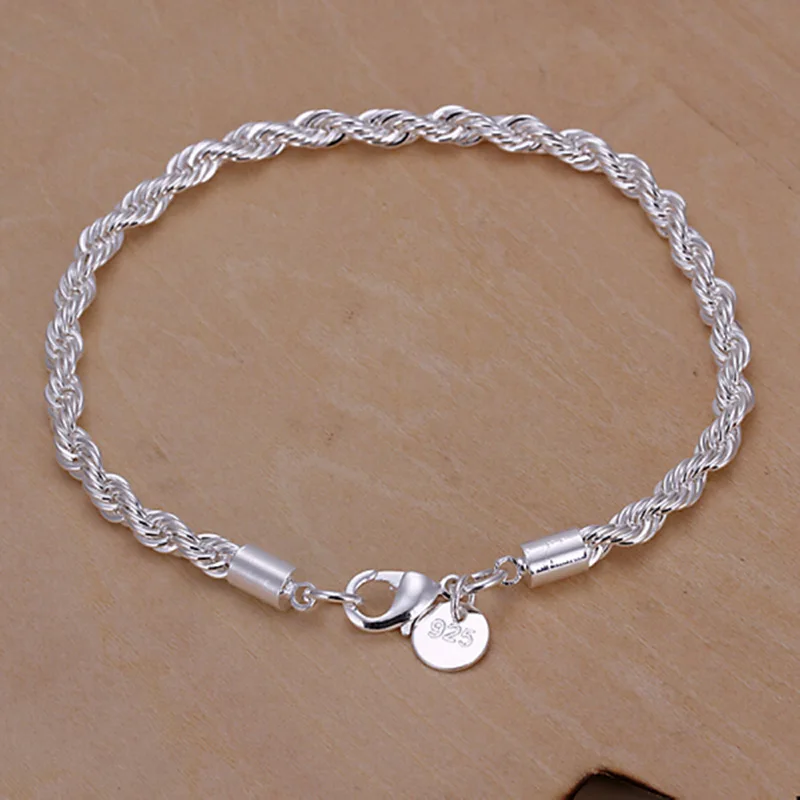 

4mm Twisted Rope Bracelet Simple Fashion 925 Silver Ladies Bracelets Jewelry Gift With Delicate Gift Box