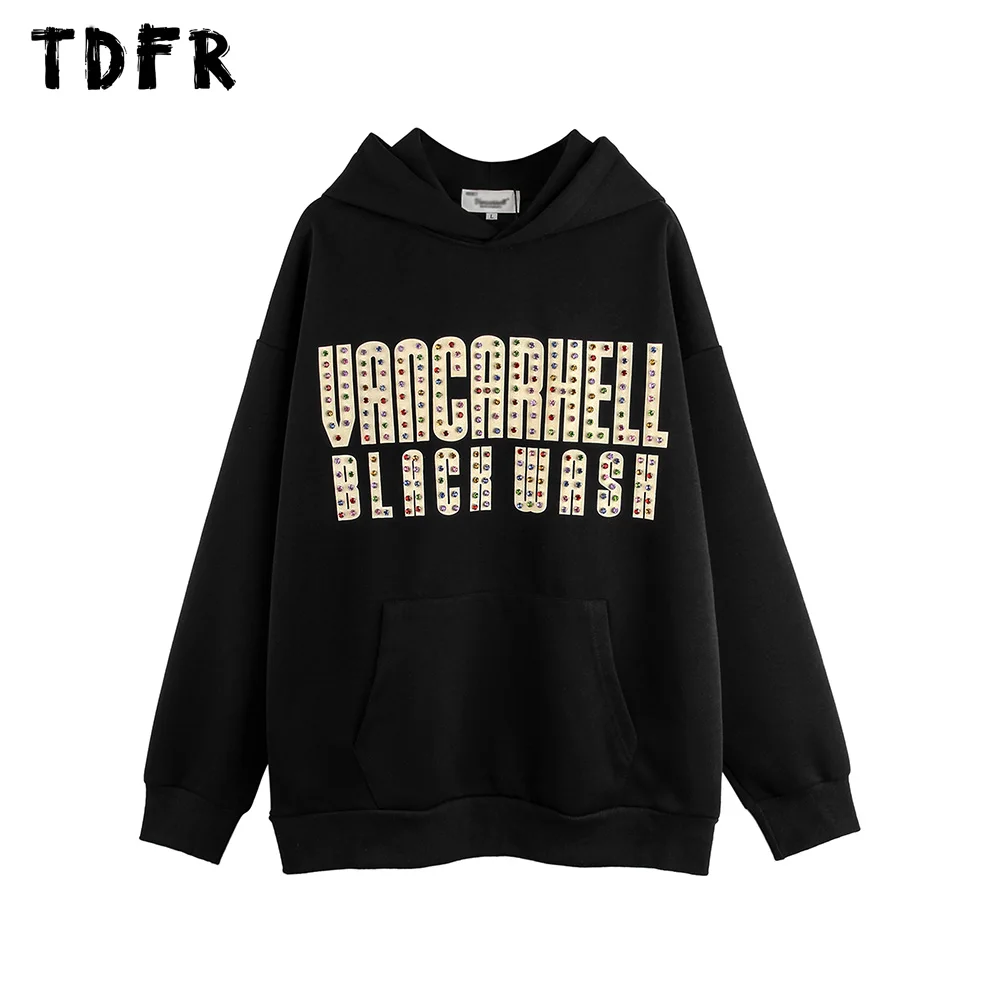 

Мужские осенние толстовки с капюшоном и надписью стразы, Повседневная Уличная одежда с карманами, свободные толстовки с длинным рукавом