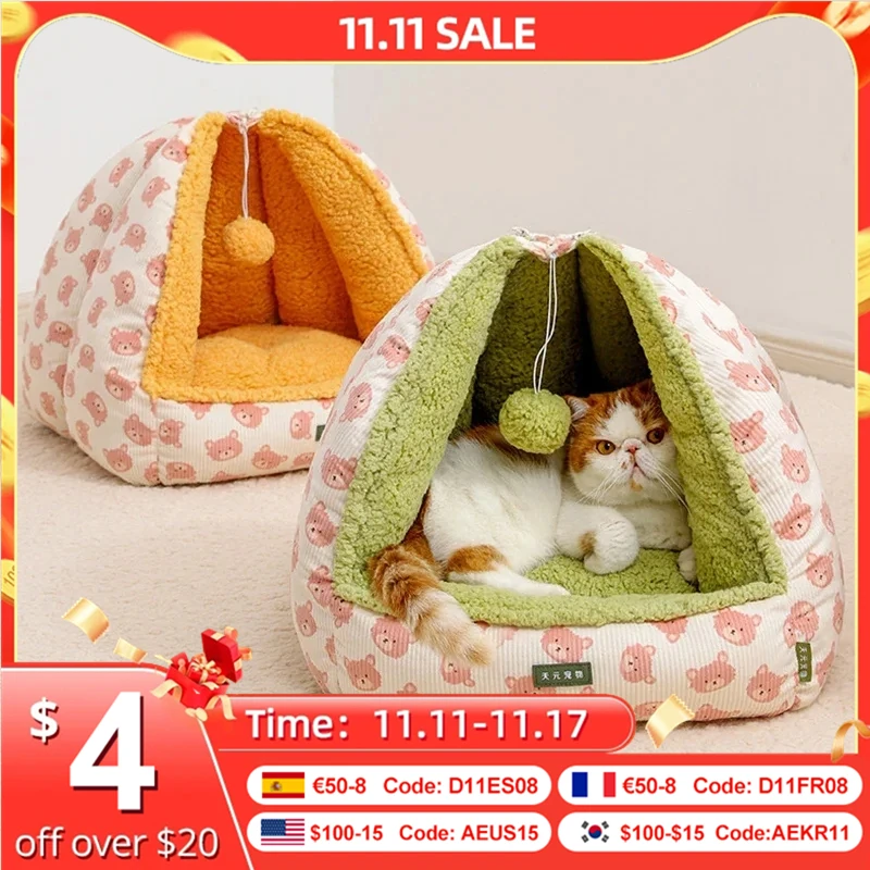 

Thickened Warm Cat Nest Plush Soft Breathable Little Bear Pattern Tent Detachable Nest Non Slip Mat Cat House Pet Supplies