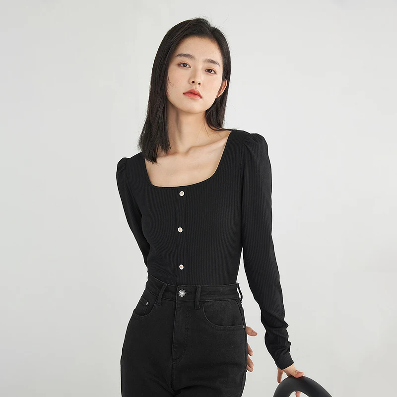 INMAN весенне-осенняя футболка чистый цвет женские топы рубашка приталенный свитер