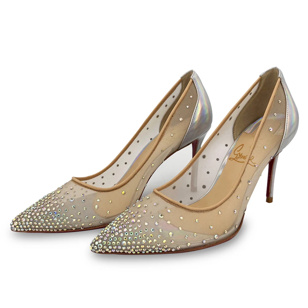 

Luxury Designer Pumps High Heels Mesh Crystal Pointed Toe Red Bottoms Stiletto Heels Sexy Women Wedding Party Dress Shoes