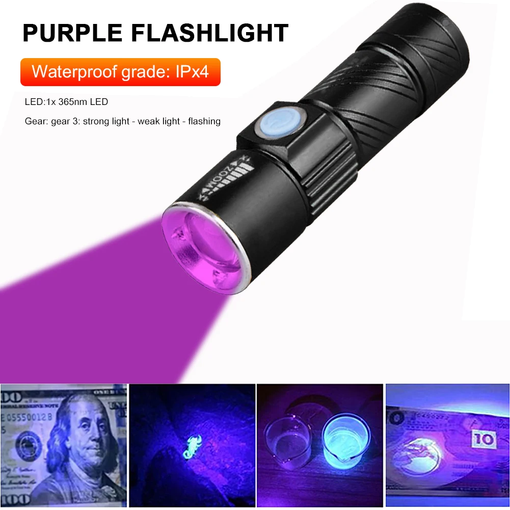 

UV Lamp USB Rechargeable 3 Mode 365nm Ultraviolet Mini UV LED Flashlight Fluorescent Jade Money Detector UV Curing Light UV LED