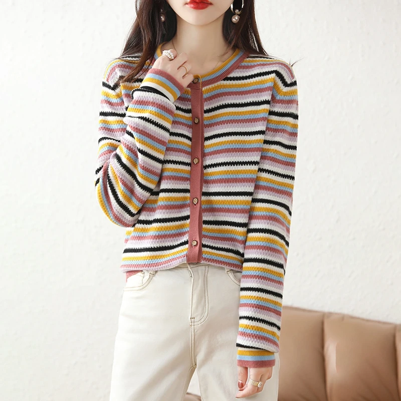 

Spring And Autumn Style Cotton Ladies Cardigan Round Neck Striped Loose Casual Long Sleeve Sweater Versatile Top Thin