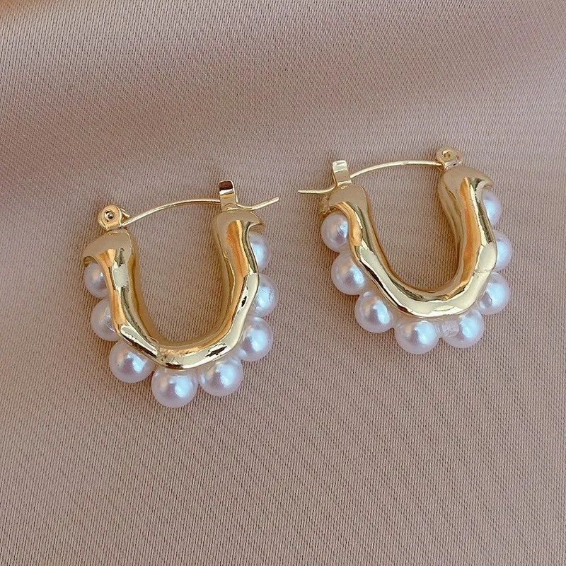 

Fashion U-Shaped Metal Pearl Ear Buckle Vintage Simple High-End Temperament Geometric Earrings 2022 Trend Women's Jewelry