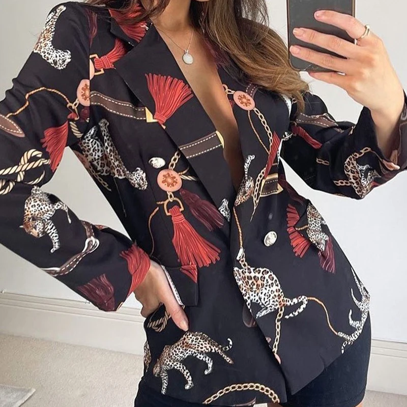 

Retro Chain Print Button Women Blazer Coat Spring Elegant Turn-down Collar Office Top Outwear Autumn Long Sleeve Jacket Cardigan