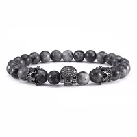 2pcs man stone bracelets black skull gray bangels 8mm elastic cord stone beaded bracelet for mothers gift