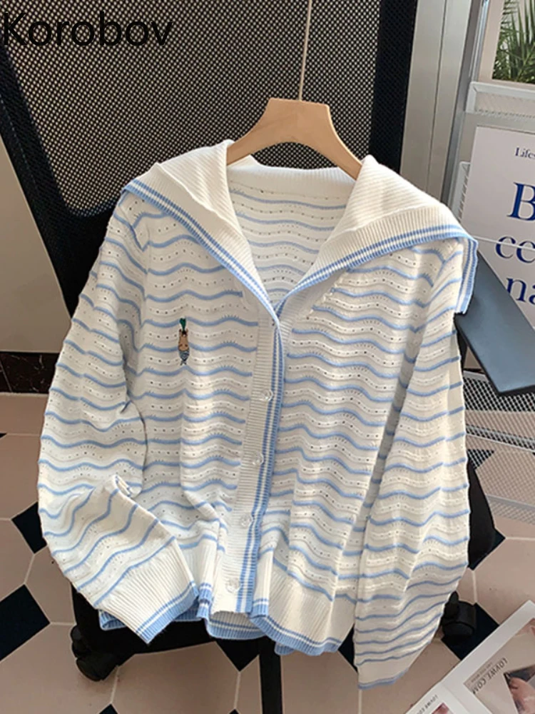 

Korobov Korean Age Reduction Sweater Temperament Sweet Cardigan College Style Stripe Navy Collar Knitted Tops Fashion Sweaters
