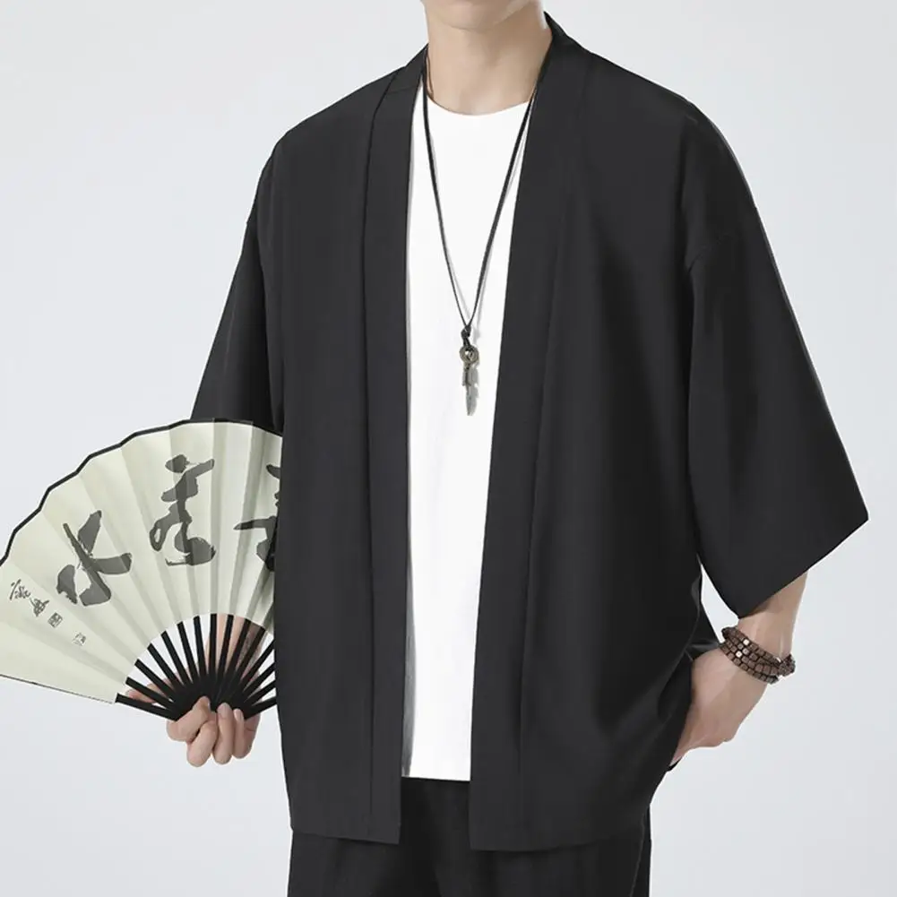 

Men Shirt Kimono Japanese Style Solid Color Samurai Costume Asian Clothes Three Quarter Cardigan Jacket Crane Embroidery Asian