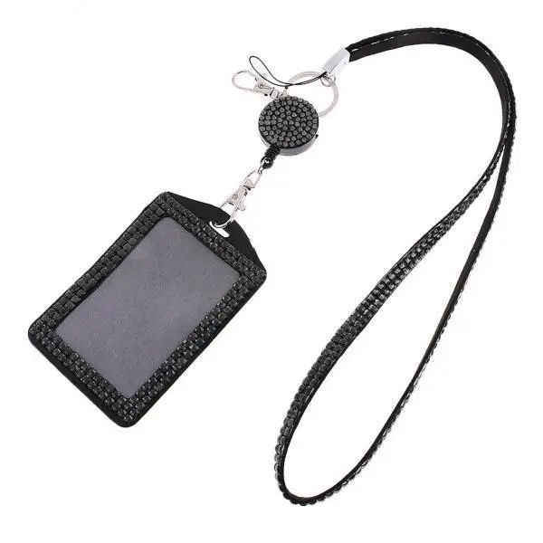 

3X Rhinestone Lanyard with Retractable Reel Vertical ID Badge Holder Black