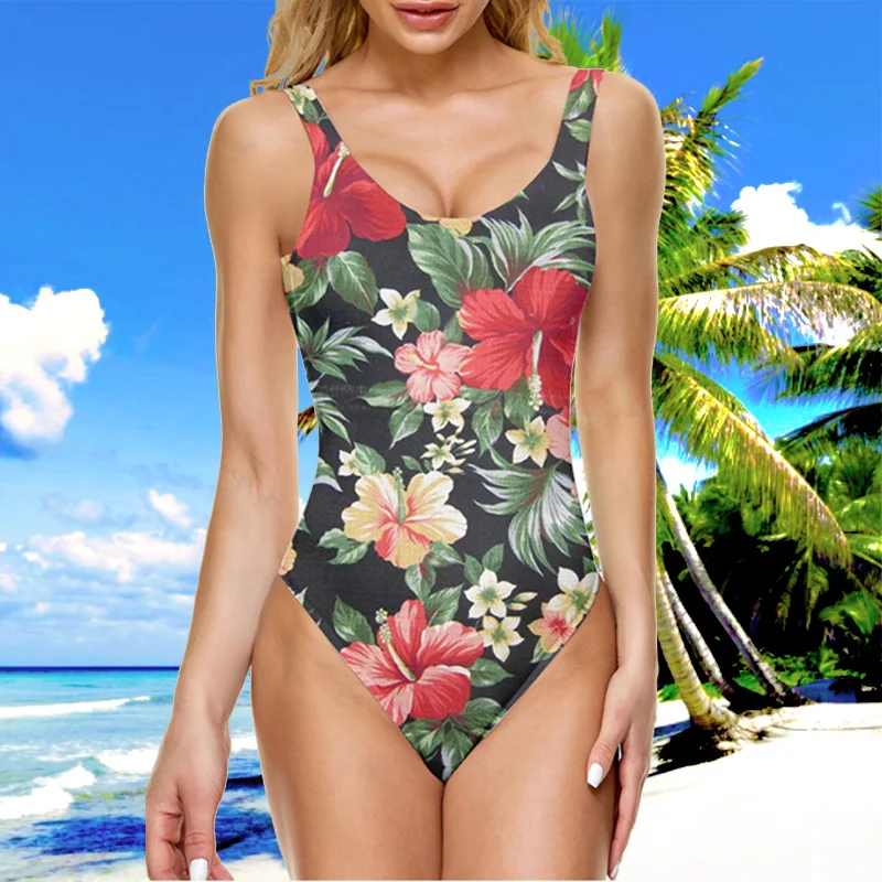 

Women Bikini Sets Red Flowers And Leaf Printed One Pieces Swimsuits Beach Bathing Wear Female Swimwear Monokini Swimming Suits