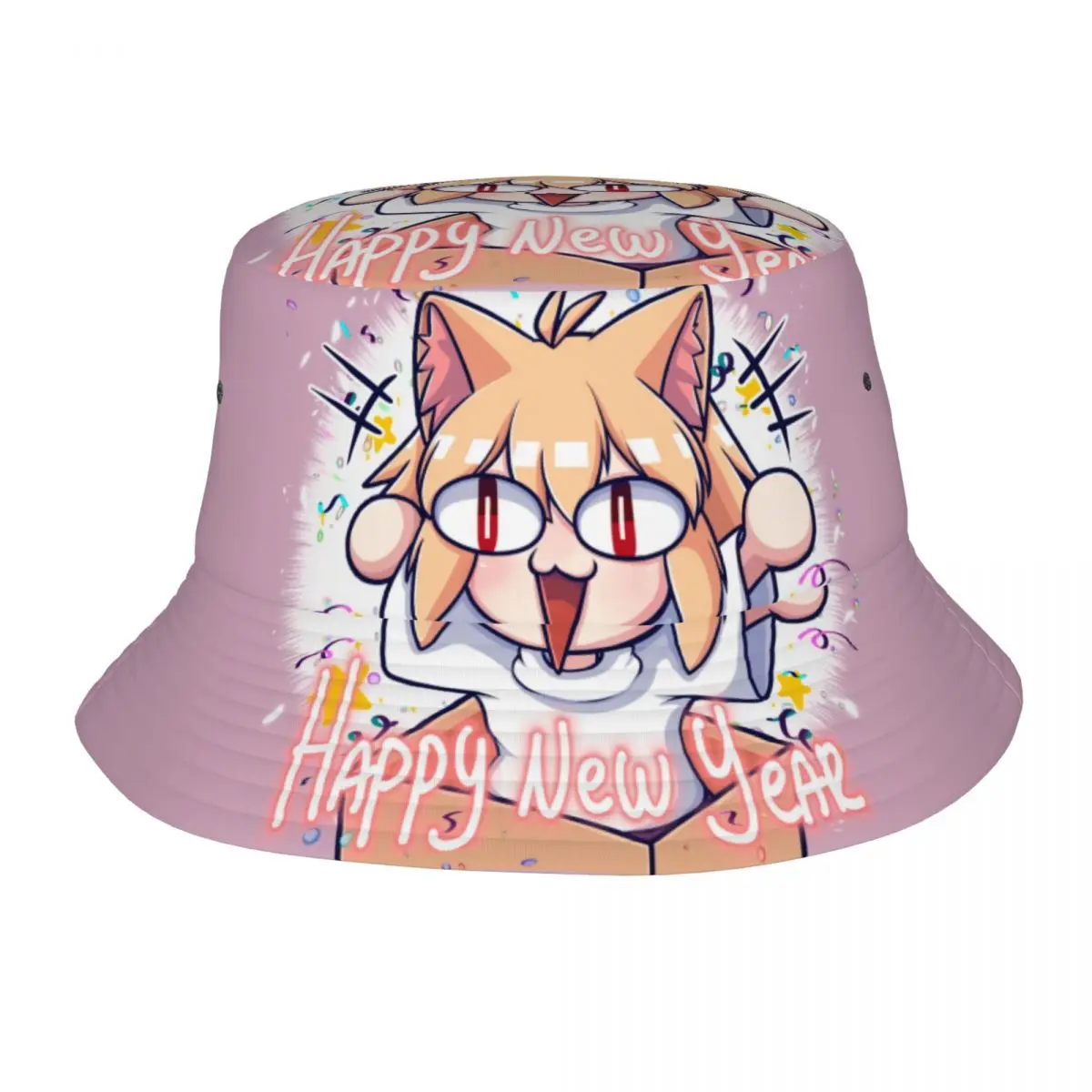 

Trendy Neco Arc Happy New Year Bucket Hat Teen Foldable Outdoor Japanese Anime Fishing Cap Spring Headwear