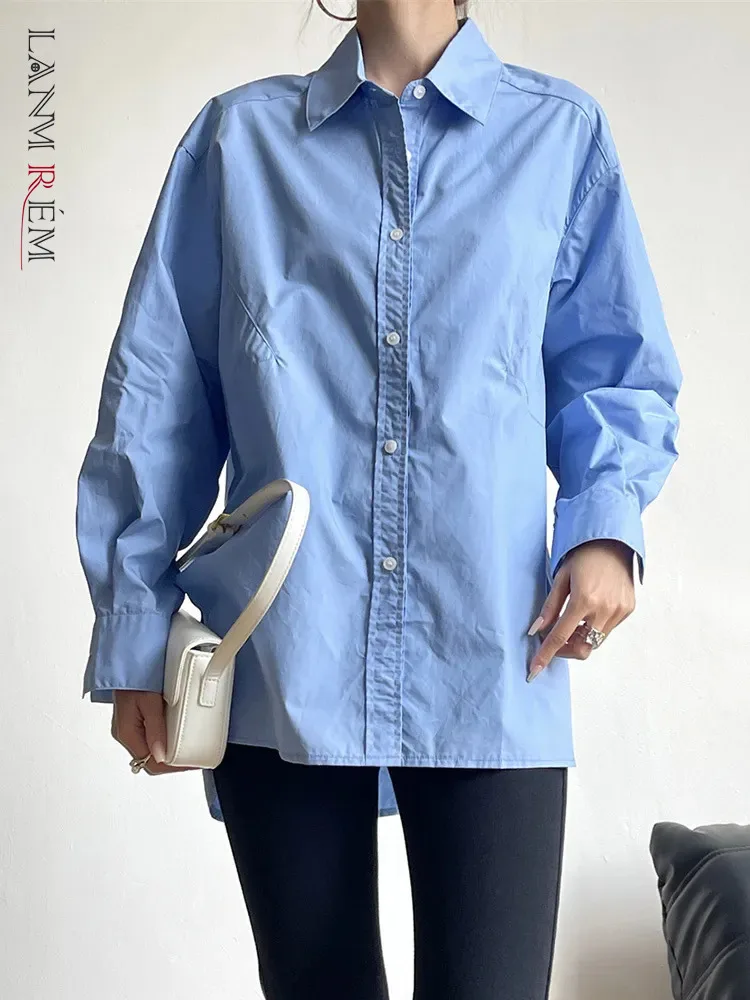 

[LANMREM] Solid Simplicity Split Design Shirts For Women Lapel Single Breasted Long Sleeve Blouses 2023 Autumn New 26D5665