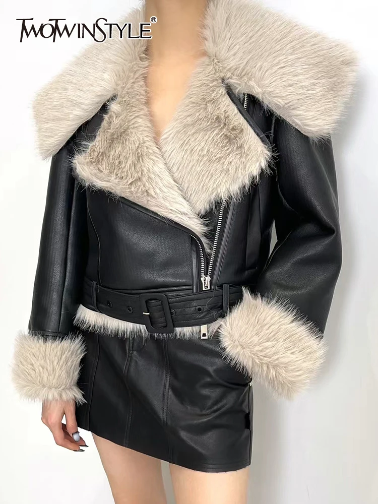 

Женское повседневное пальто TWOTWINSTYLE, разноцветное пальто с меховым воротником и длинным рукавом на молнии, 2023