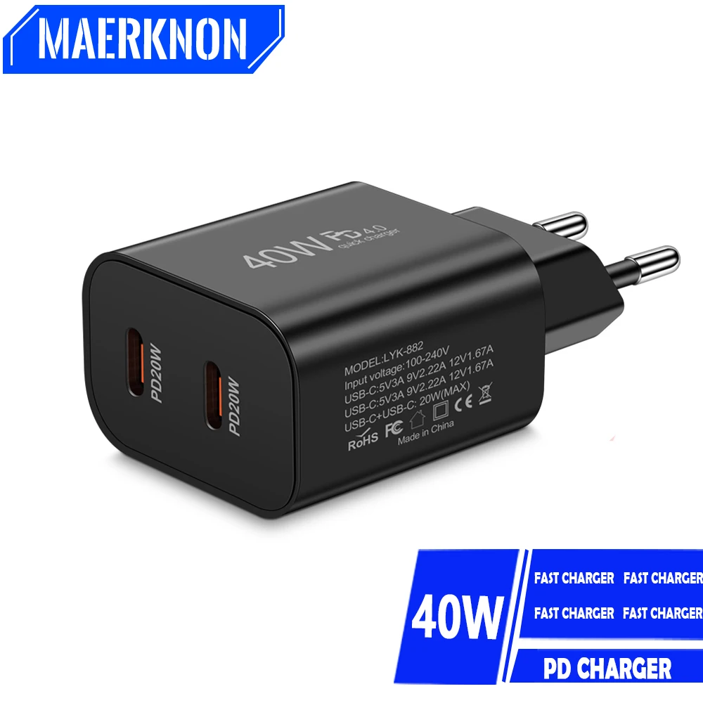 

PD 40W 2 Ports USB C Chrager Fast Charge Charger Type C For iPhone 14 15 Xiaomi Samsung Huawei Quick Charge QC 3.0 Power Adapter
