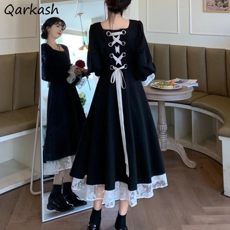 

Dress Women Elegant Flare Sleeve Oversize Vintage Midi Fashion French Style Lace Patchwork Leisure Classy Studnet Design Sweet