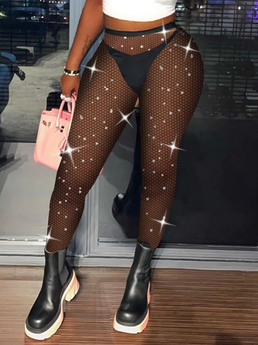 

LW SXY Rhinestone Mesh High Stretchy Leggings Fishnet Heart Print High Waist See Through Pantyhose(Suitable For Up to 80 Kg)